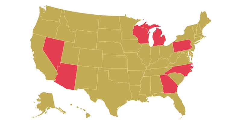 US map highlighting AZ, GA, MI, NC, NV, PA, and WI