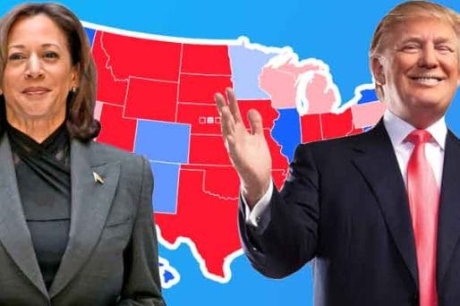 Trump and Harris in front of a swing state map