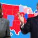 Trump and Harris in front of a swing state map