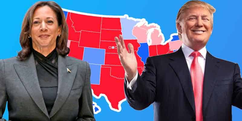 Trump and Harris in front of a swing state map