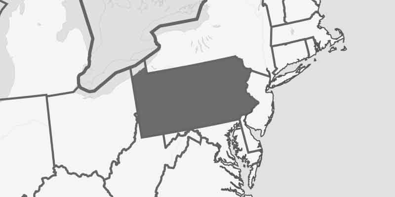 black and white image of PA highlighted on a map of the northeastern USA