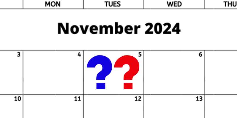 red and blue question marks on the November 5th calendar date for 2024